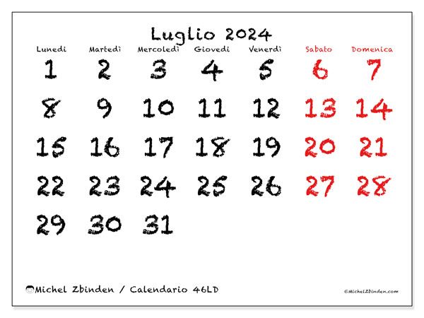 Calendario luglio 2024, 46LD. Calendario da stampare gratuito.