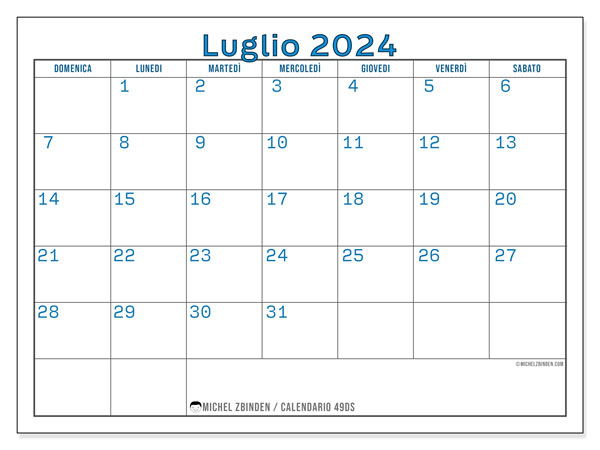 Calendario luglio 2024, 49DS. Calendario da stampare gratuito.