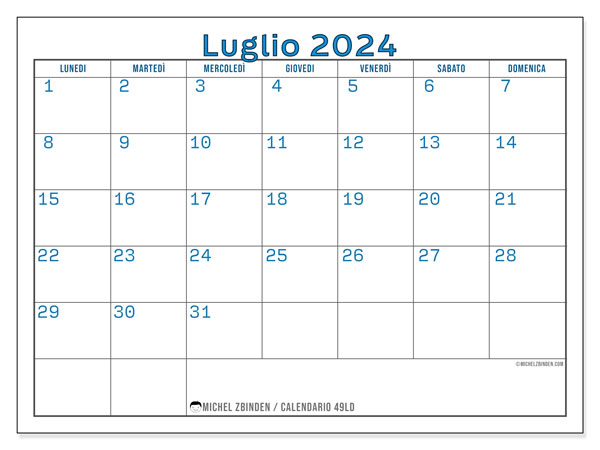 Calendario luglio 2024 “49”. Calendario da stampare gratuito.. Da lunedì a domenica