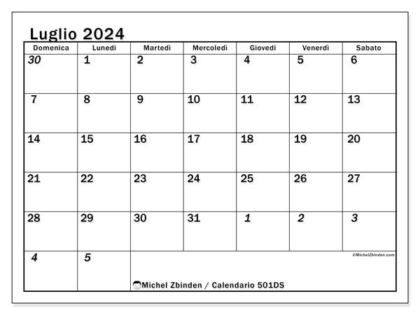 Calendario luglio 2024 “501”. Programma da stampare gratuito.. Da domenica a sabato