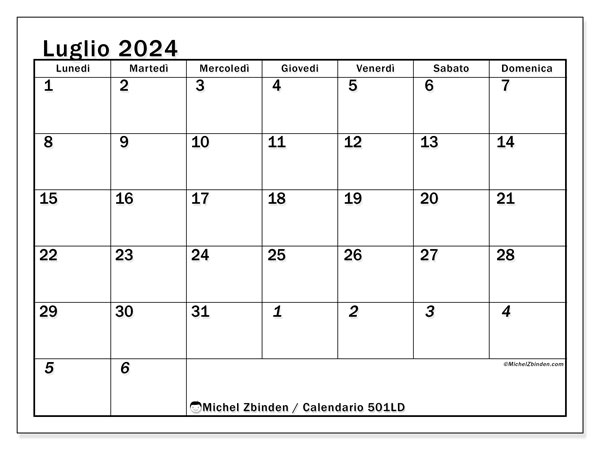 Calendario luglio 2024 “501”. Programma da stampare gratuito.. Da lunedì a domenica