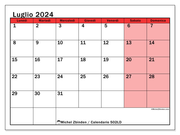 Calendario luglio 2024 “502”. Piano da stampare gratuito.. Da lunedì a domenica