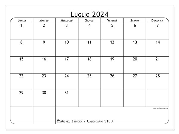 Calendario luglio 2024 “51”. Programma da stampare gratuito.. Da lunedì a domenica
