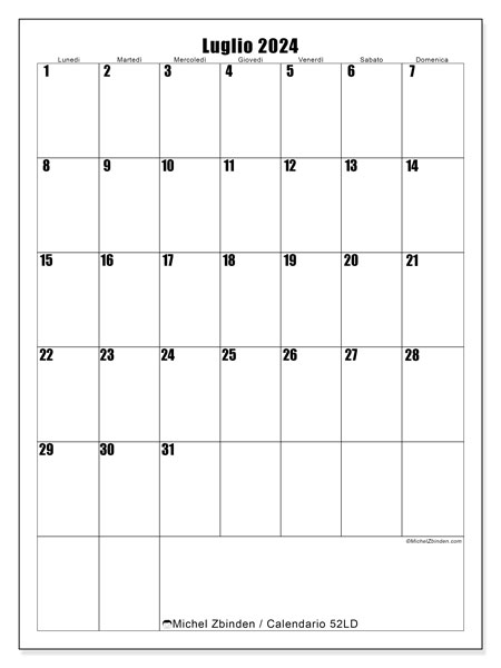 Calendario luglio 2024 “52”. Piano da stampare gratuito.. Da lunedì a domenica