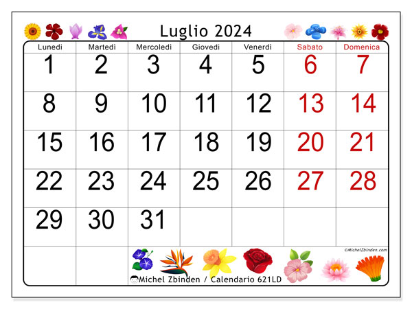Calendario luglio 2024, 621LD. Calendario da stampare gratuito.
