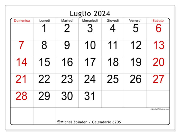 Calendario luglio 2024, 62DS. Calendario da stampare gratuito.