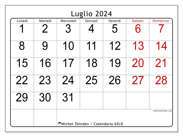 Calendario luglio 2024 “62”. Orario da stampare gratuito.. Da lunedì a domenica