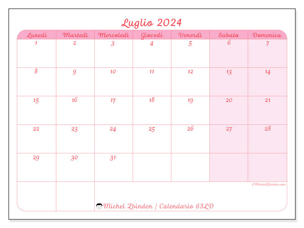 Calendario luglio 2024, 63LD. Calendario da stampare gratuito.