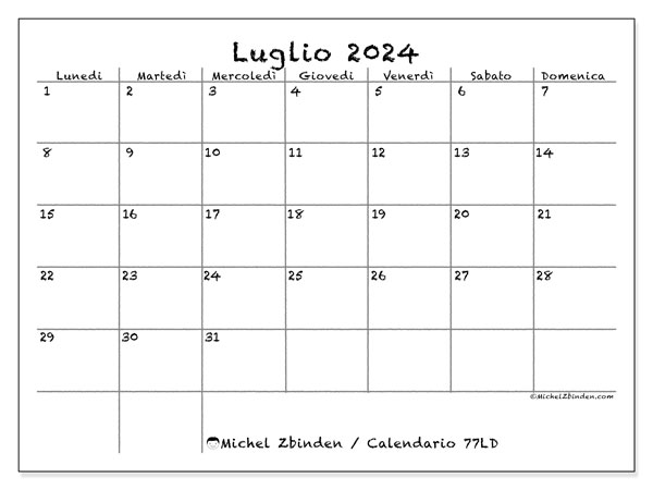 Calendario luglio 2024, 77LD. Calendario da stampare gratuito.