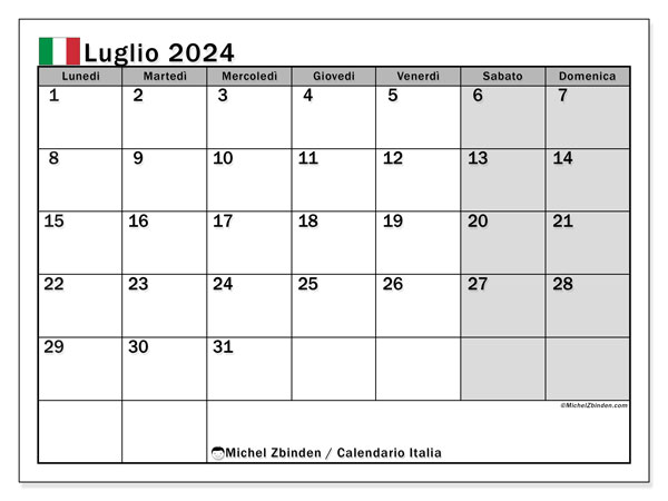 Calendario luglio 2024 “Italia”. Piano da stampare gratuito.. Da lunedì a domenica