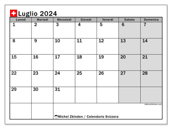 Calendario luglio 2024 “Svizzera”. Piano da stampare gratuito.. Da lunedì a domenica