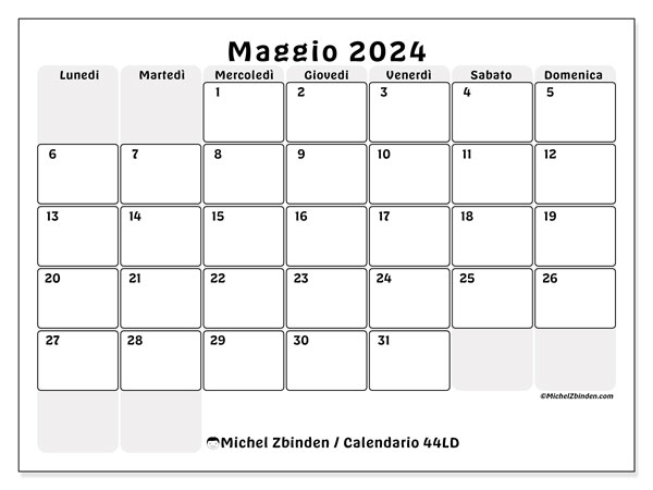 Calendario maggio 2024, 44LD. Piano da stampare gratuito.