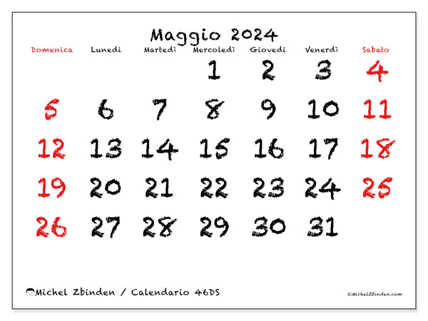 Calendario maggio 2024, 46DS. Piano da stampare gratuito.