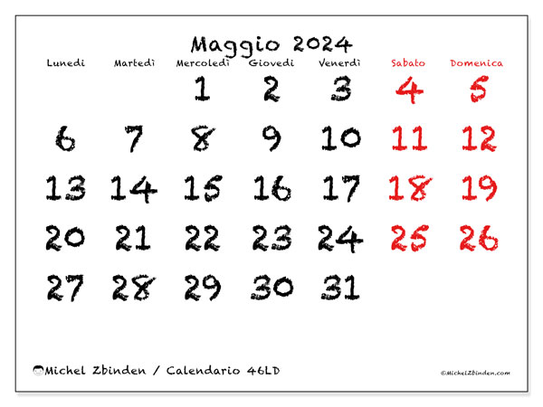 Calendario maggio 2024, 46LD, pronti per la stampa e gratuiti.
