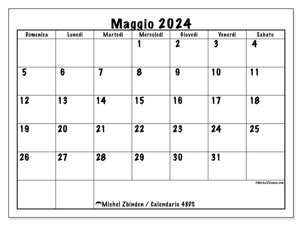 Calendario maggio 2024 “48”. Piano da stampare gratuito.. Da domenica a sabato