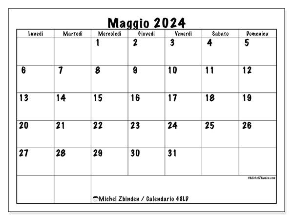 Calendario maggio 2024 “48”. Piano da stampare gratuito.. Da lunedì a domenica