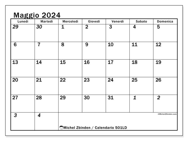 Calendario maggio 2024 “501”. Programma da stampare gratuito.. Da lunedì a domenica