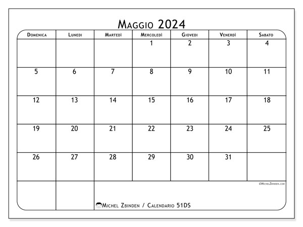 Calendario maggio 2024 “51”. Piano da stampare gratuito.. Da domenica a sabato
