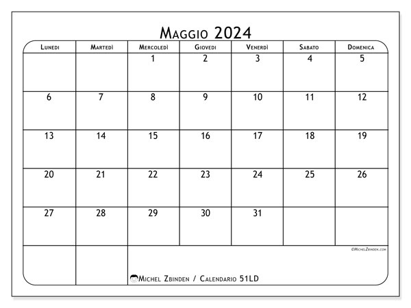Calendario maggio 2024 “51”. Piano da stampare gratuito.. Da lunedì a domenica