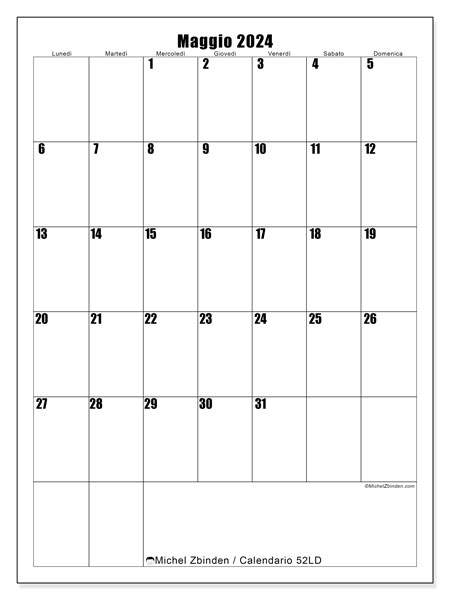 Calendario maggio 2024 “52”. Orario da stampare gratuito.. Da lunedì a domenica