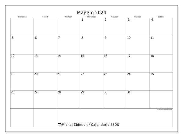 Calendario maggio 2024 “53”. Programma da stampare gratuito.. Da domenica a sabato