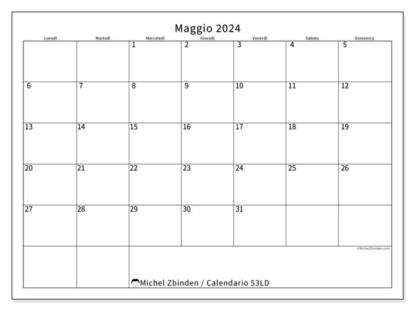 Calendario maggio 2024 “53”. Programma da stampare gratuito.. Da lunedì a domenica