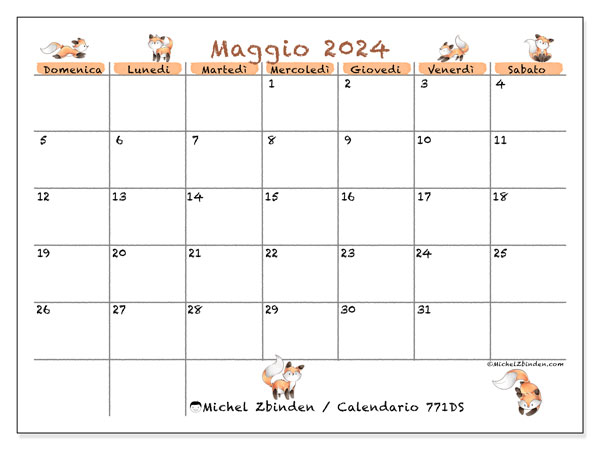 Calendario maggio 2024 “771”. Piano da stampare gratuito.. Da domenica a sabato