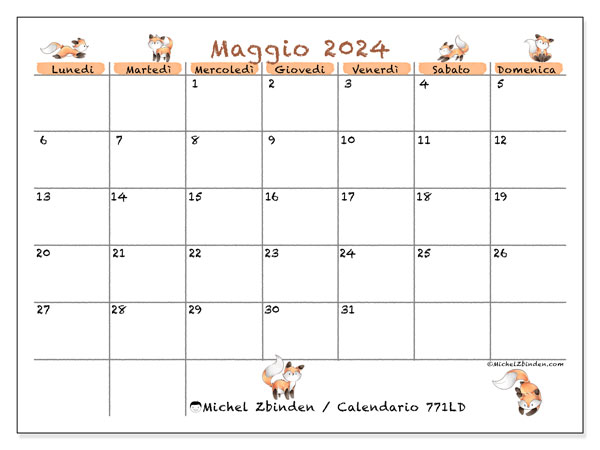 Calendario maggio 2024 “771”. Piano da stampare gratuito.. Da lunedì a domenica