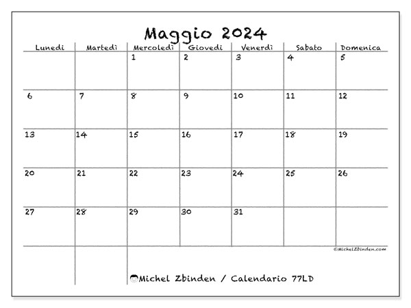 Calendario maggio 2024, 77LD. Piano da stampare gratuito.