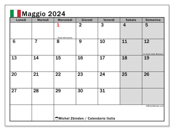 Calendario maggio 2024, Italia. Programma da stampare gratuito.
