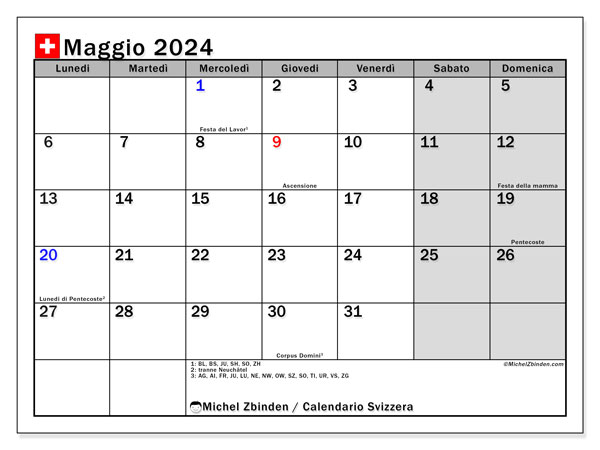 Calendario maggio 2024 “Svizzera”. Piano da stampare gratuito.. Da lunedì a domenica