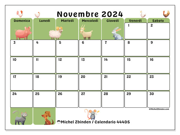 Calendario novembre 2024 “444”. Orario da stampare gratuito.. Da domenica a sabato