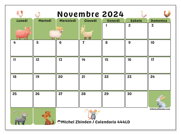 Calendario novembre 2024 “444”. Orario da stampare gratuito.. Da lunedì a domenica