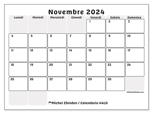 Calendario novembre 2024, 44LD. Piano da stampare gratuito.