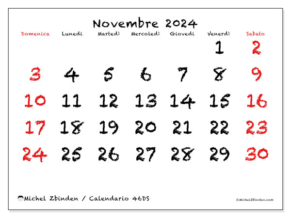 Calendario novembre 2024 “46”. Orario da stampare gratuito.. Da domenica a sabato