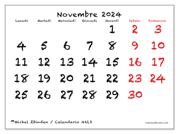 Calendario novembre 2024 “46”. Orario da stampare gratuito.. Da lunedì a domenica