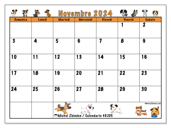 Calendario novembre 2024 “482”. Programma da stampare gratuito.. Da domenica a sabato