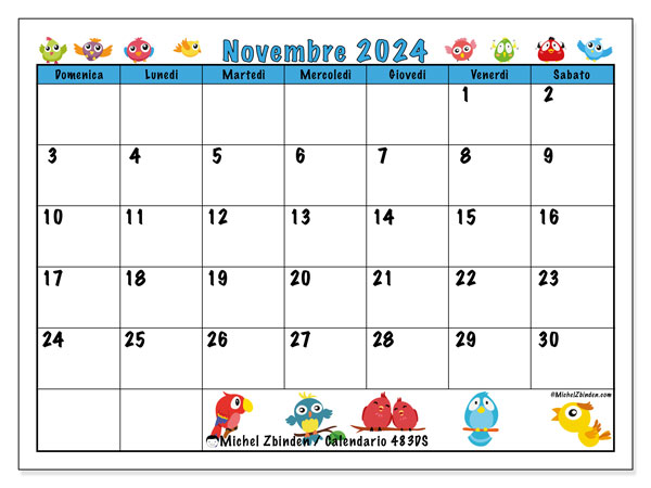 Calendario novembre 2024 “483”. Orario da stampare gratuito.. Da domenica a sabato