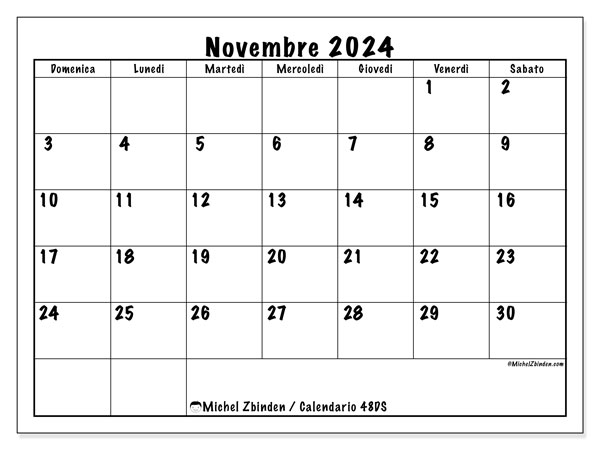 Calendario novembre 2024, 48DS. Piano da stampare gratuito.
