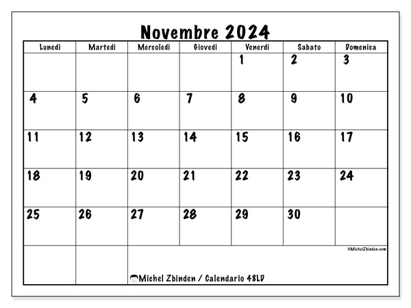Calendario novembre 2024, 48DS. Piano da stampare gratuito.