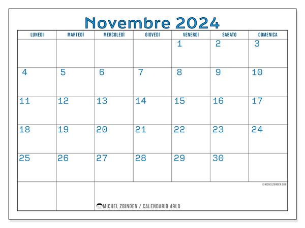 Calendario novembre 2024, 49LD. Piano da stampare gratuito.