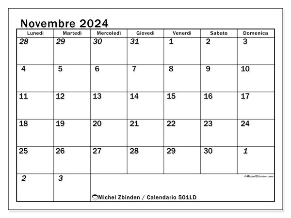 Calendario novembre 2024 “501”. Piano da stampare gratuito.. Da lunedì a domenica