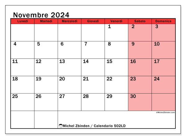 Calendario novembre 2024 “502”. Programma da stampare gratuito.. Da lunedì a domenica