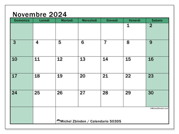 Calendario novembre 2024 “503”. Orario da stampare gratuito.. Da domenica a sabato