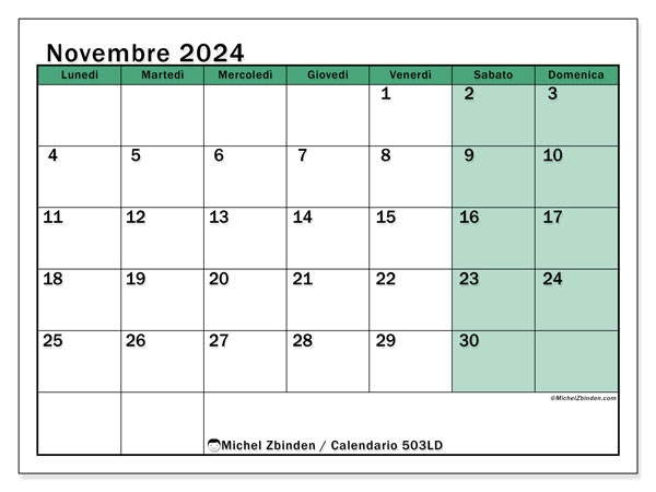 Calendario novembre 2024, 503LD. Piano da stampare gratuito.