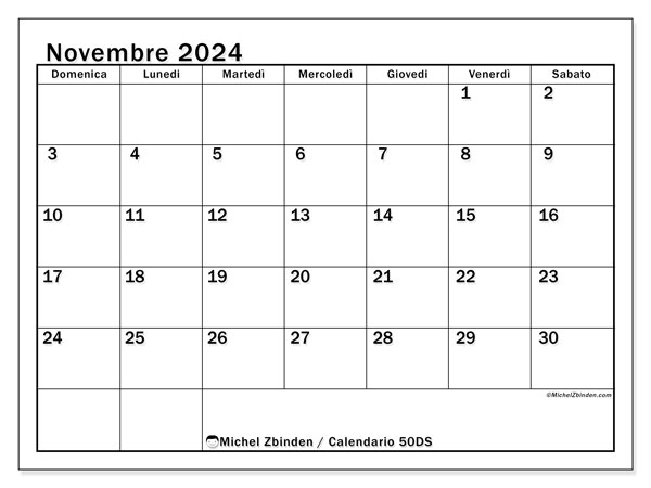 Calendario novembre 2024 “50”. Programma da stampare gratuito.. Da domenica a sabato