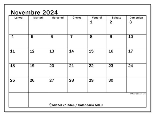 Calendario novembre 2024 “50”. Programma da stampare gratuito.. Da lunedì a domenica