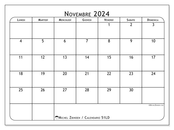 Calendario novembre 2024 “51”. Calendario da stampare gratuito.. Da lunedì a domenica