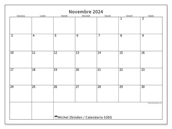 Calendario novembre 2024 “53”. Calendario da stampare gratuito.. Da domenica a sabato
