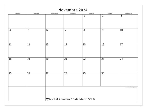 Calendario novembre 2024 “53”. Calendario da stampare gratuito.. Da lunedì a domenica